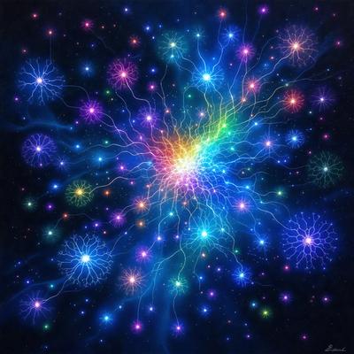 The primary subject of the image is a vibrant and colorful display of fireworks. The setting is a dark sky, which contrasts with the bright and lively fireworks. The visual style is a digital art or illustration, as the fireworks are depicted in a detailed and artistic manner. The colors and mood of the image are energetic and lively, as the fireworks create a sense of excitement and celebration.